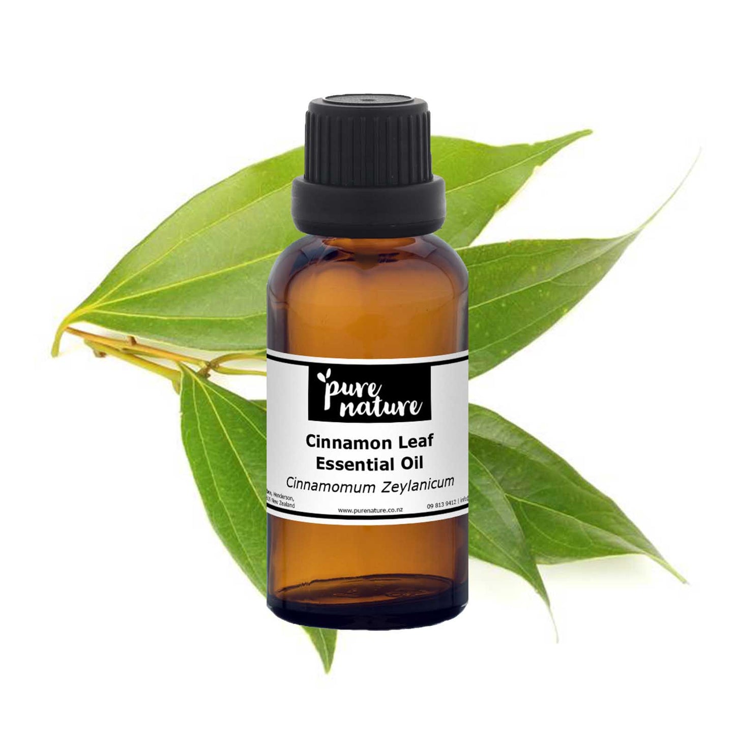 Bottle of purenaturenz Cinnamon Leaf Essential Oil with cinnamon leaves and bark in the background.