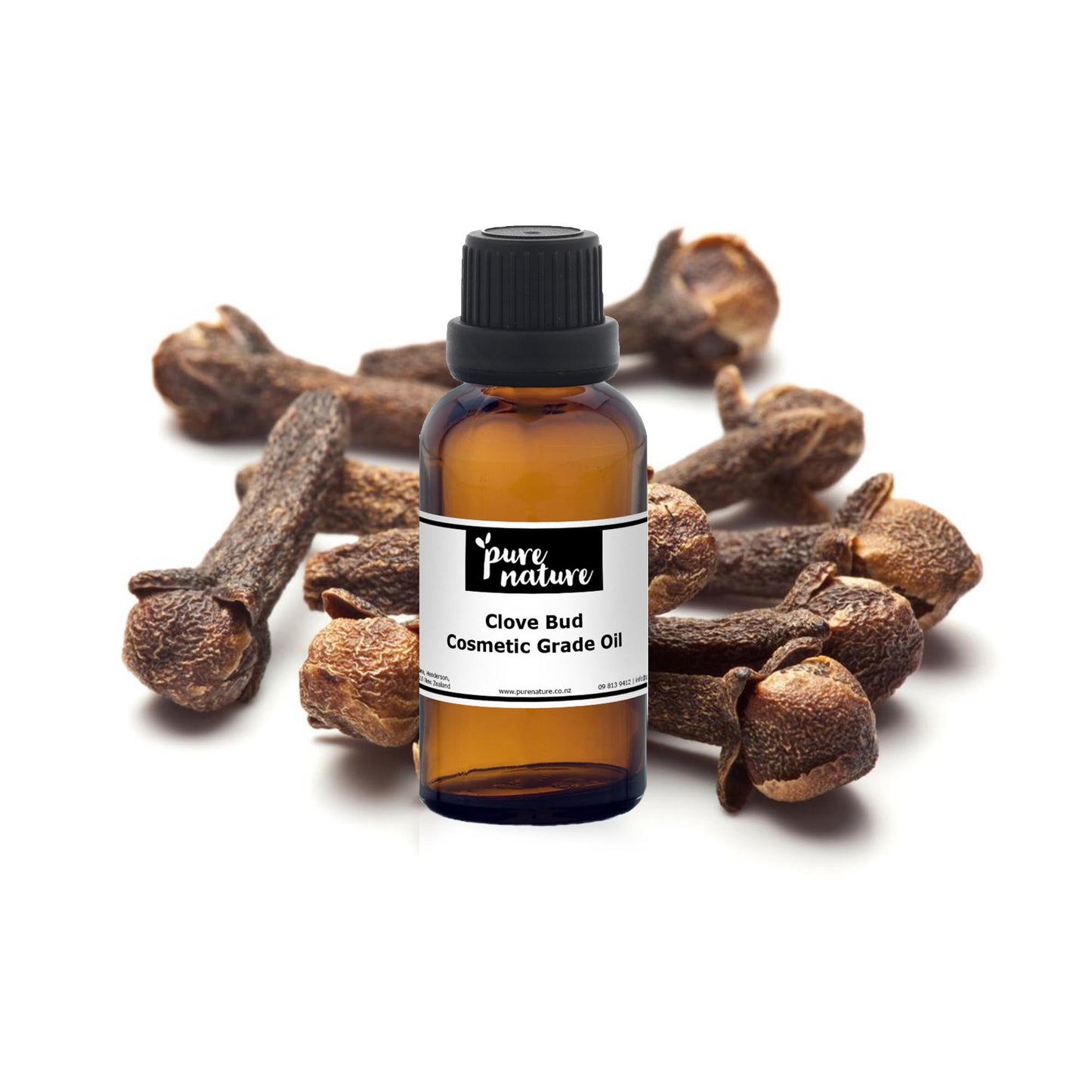 Purenaturenz Clove Bud Essential Oil bottle, natural essential oil with whole clove buds for aromatherapy and holistic health.