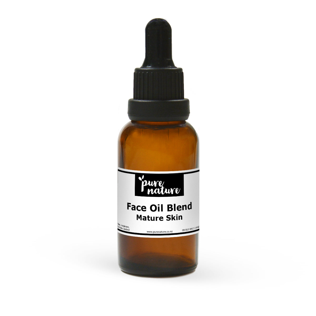 Purenaturenz face oil blend for mature skin, natural essential oils in a glass bottle with dropper, skincare product for aging skin.