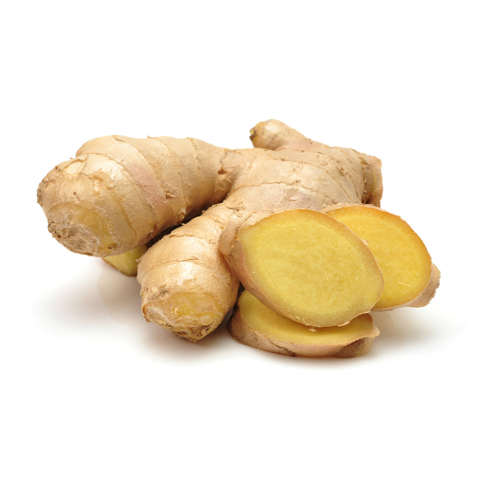 Dried ginger essential oil from purenaturenz, featuring fresh ginger root and amber glass bottle for natural aromatherapy.