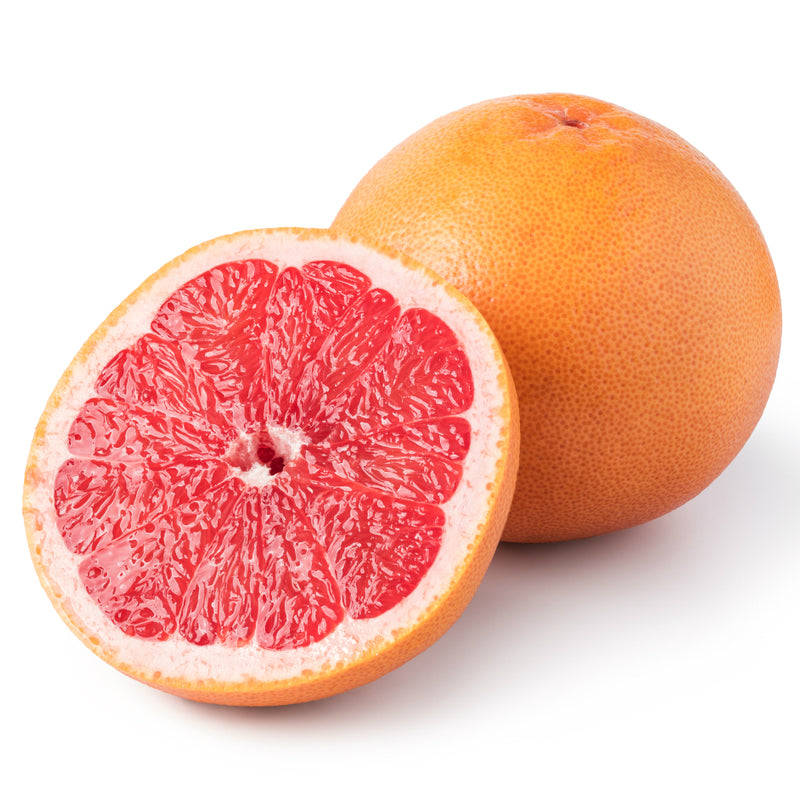 Pink grapefruit essential oil from purenaturenz, showing a vibrant pink grapefruit and a small amber glass bottle of essential oil.