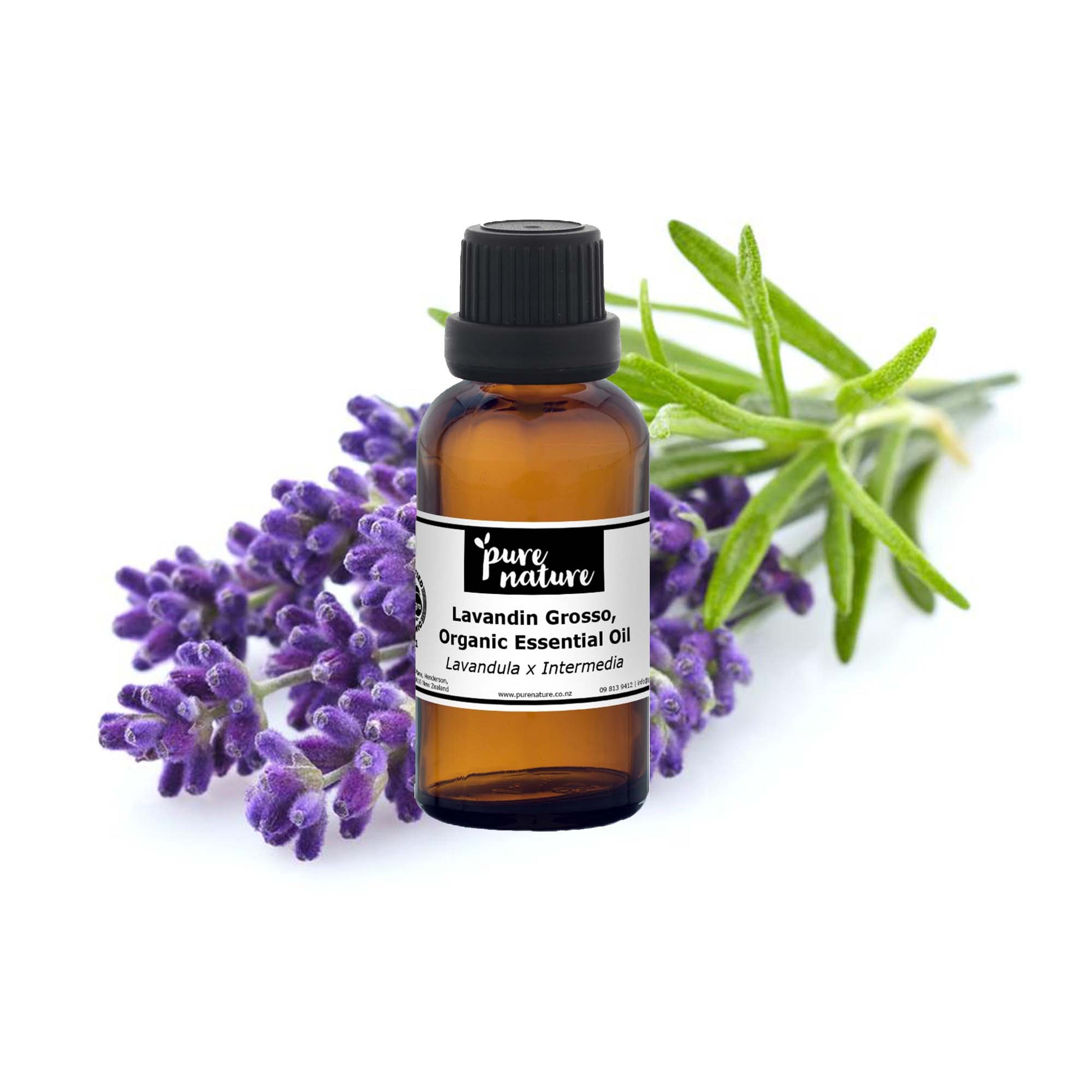 Organic Lavandin Grosso essential oil from purenaturenz, showing a dark glass bottle with a dropper, surrounded by fresh lavender stems.
