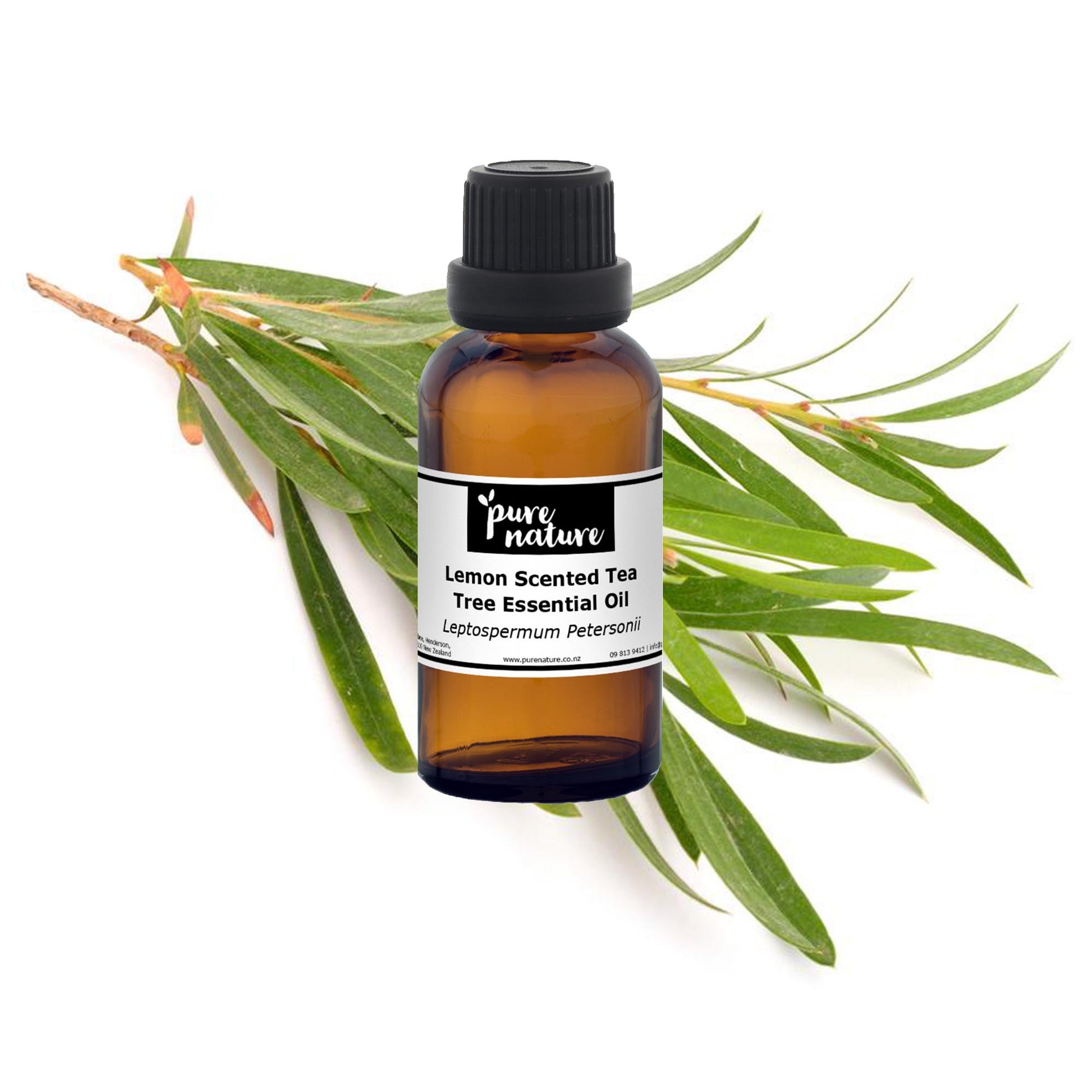 Lemon scented tea tree essential oil from purenaturenz, in a glass bottle with lemon slices and tea tree leaves around it.