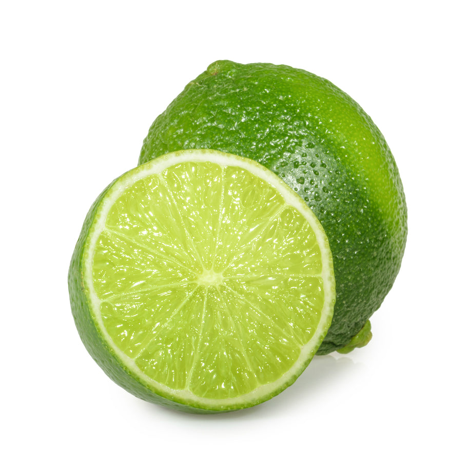 Cold-pressed lime essential oil bottle from purenaturenz, showcasing fresh lime fruit and the oil's vibrant appearance.