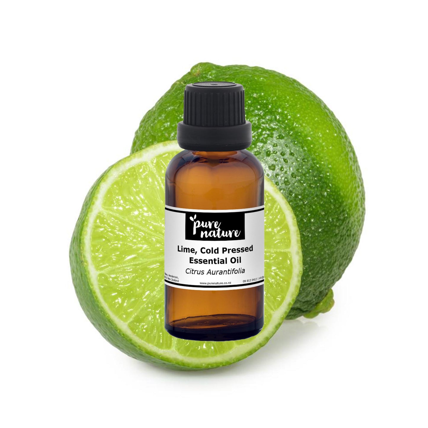 Cold pressed lime essential oil from purenaturenz, showing fresh lime slices and a glass bottle of vibrant green oil.