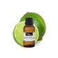 Steam distilled lime essential oil from purenaturenz, showing a clear glass bottle with fresh lime slices and oil droplets.