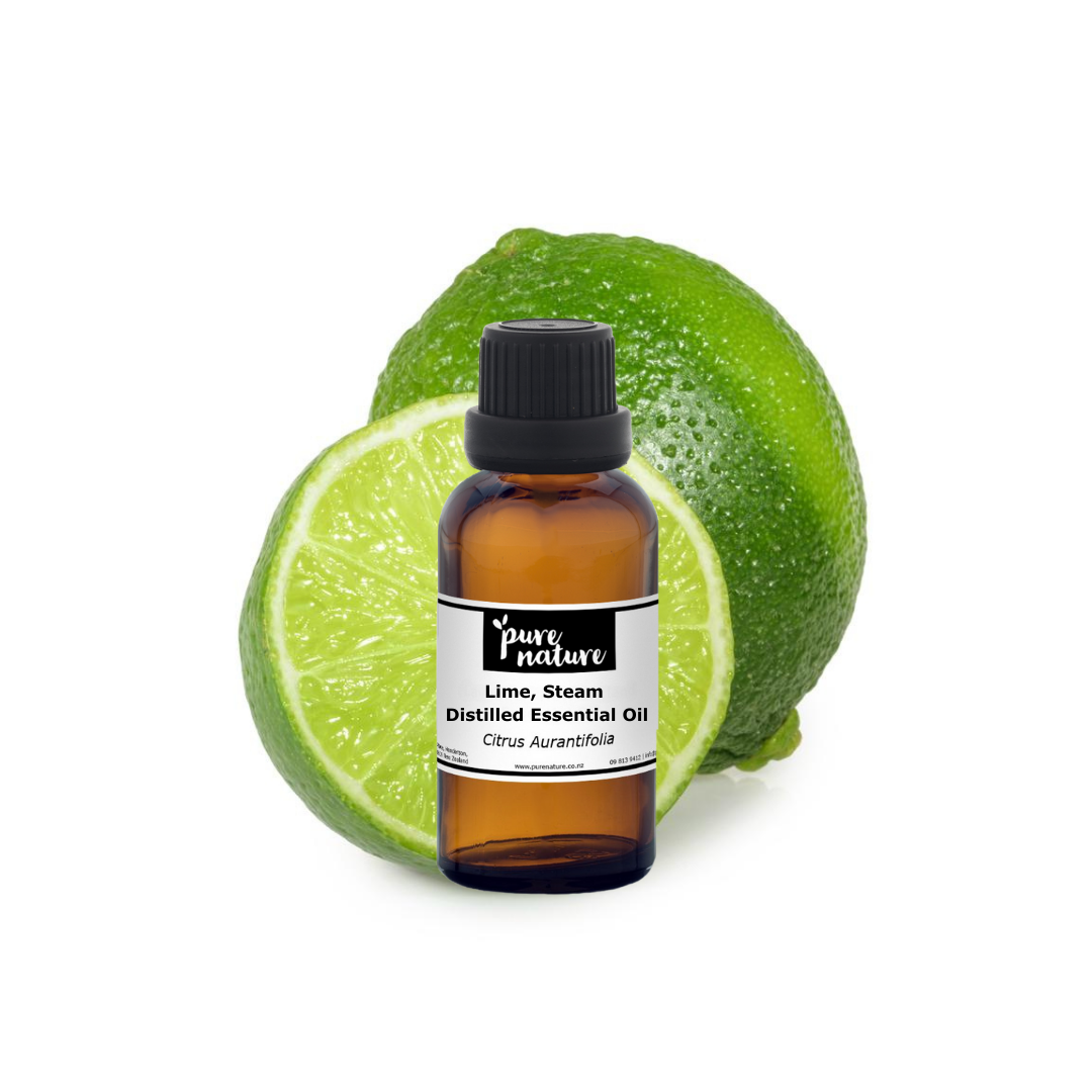 Steam distilled lime essential oil from purenaturenz, showing a clear glass bottle with fresh lime slices and oil droplets.