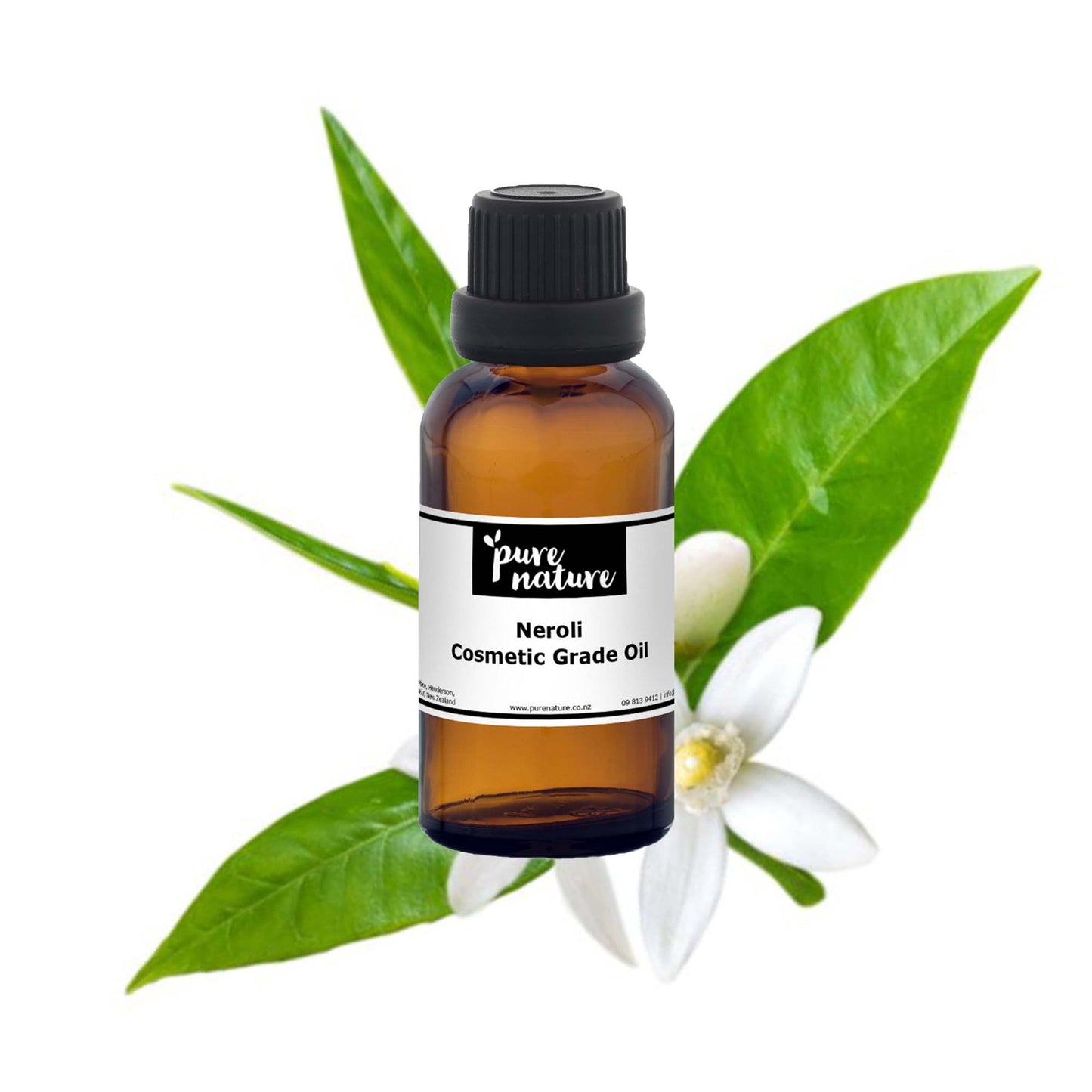 Bottle of purenaturenz Neroli cosmetic grade essential oil showing clear glass container and vibrant yellow oil inside.