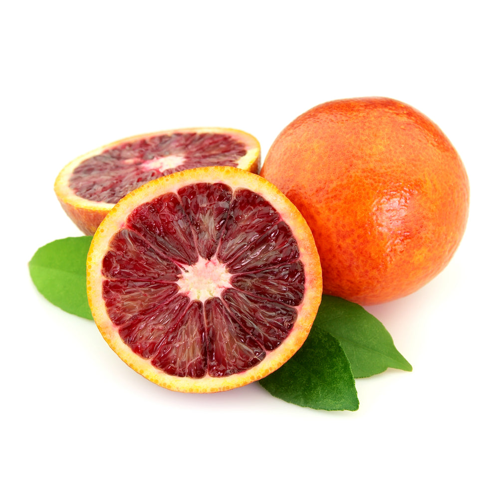 Blood orange essential oil from purenaturenz, showing a dark amber bottle and fresh blood orange fruits on a wooden surface.