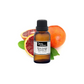 Bottle of purenaturenz blood orange essential oil with fresh orange slices, dark glass bottle, and dropper cap on a white background.