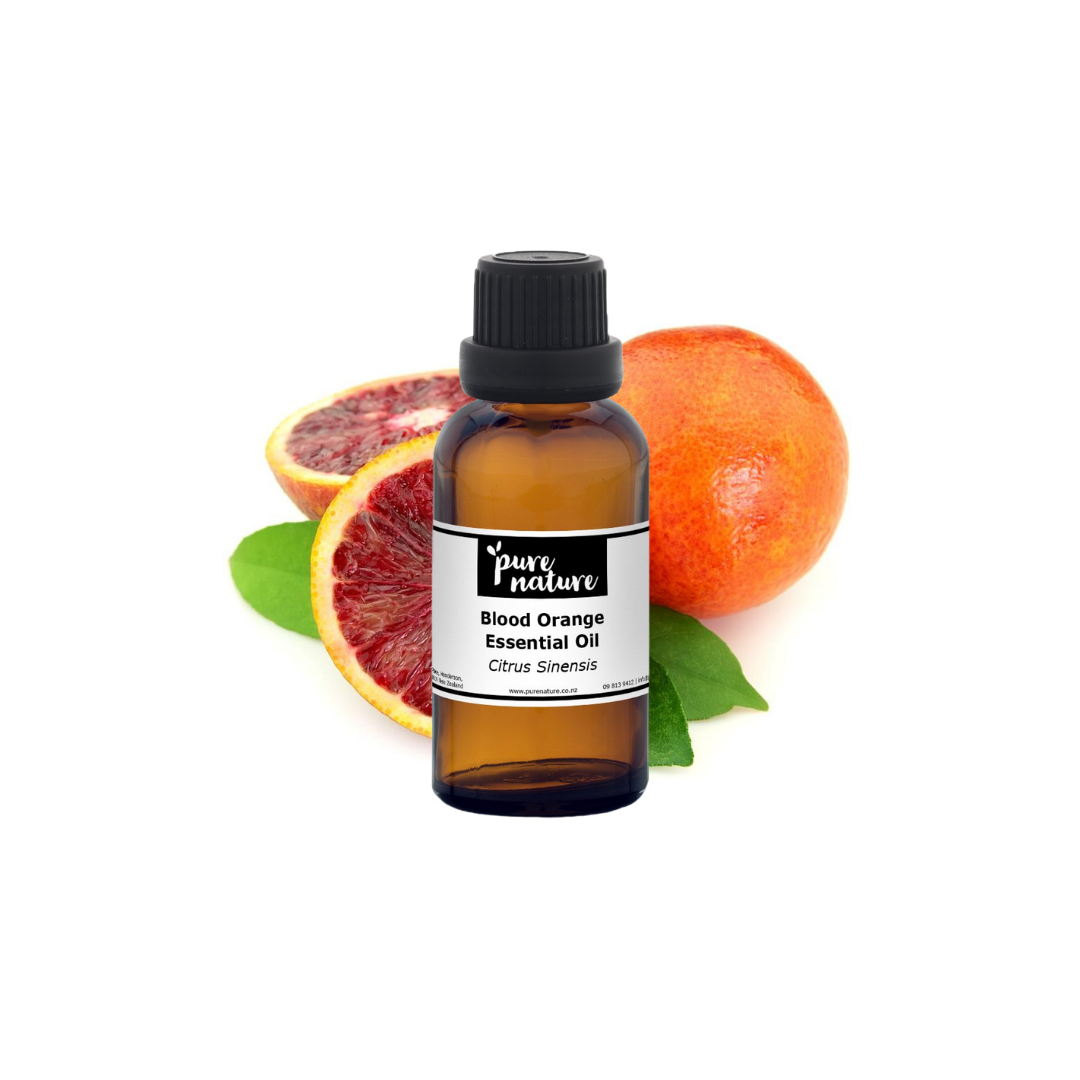 Bottle of purenaturenz blood orange essential oil with fresh orange slices, dark glass bottle, and dropper cap on a white background.