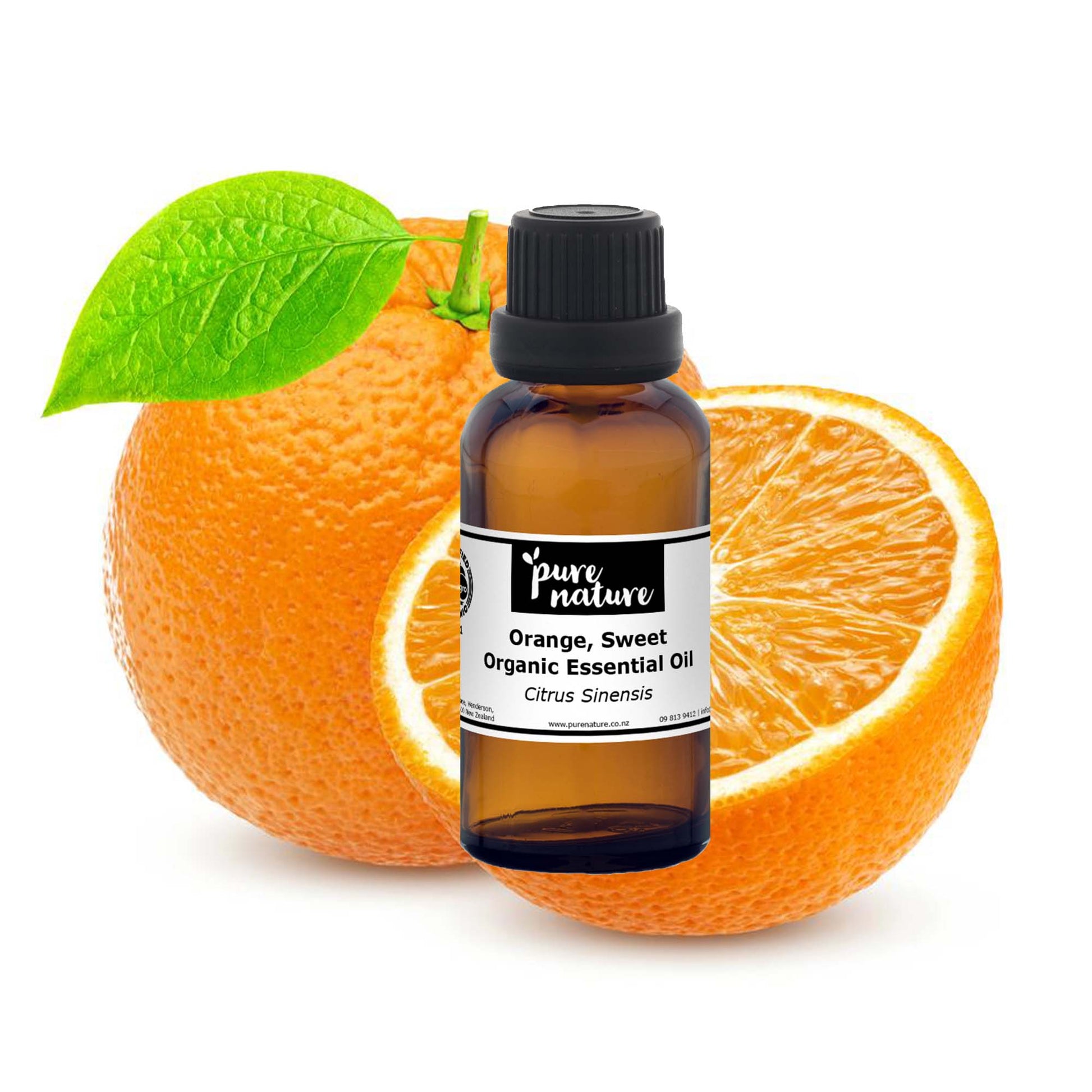 Organic sweet orange essential oil by purenaturenz, showing a bottle of vibrant orange oil with fresh oranges in the background.