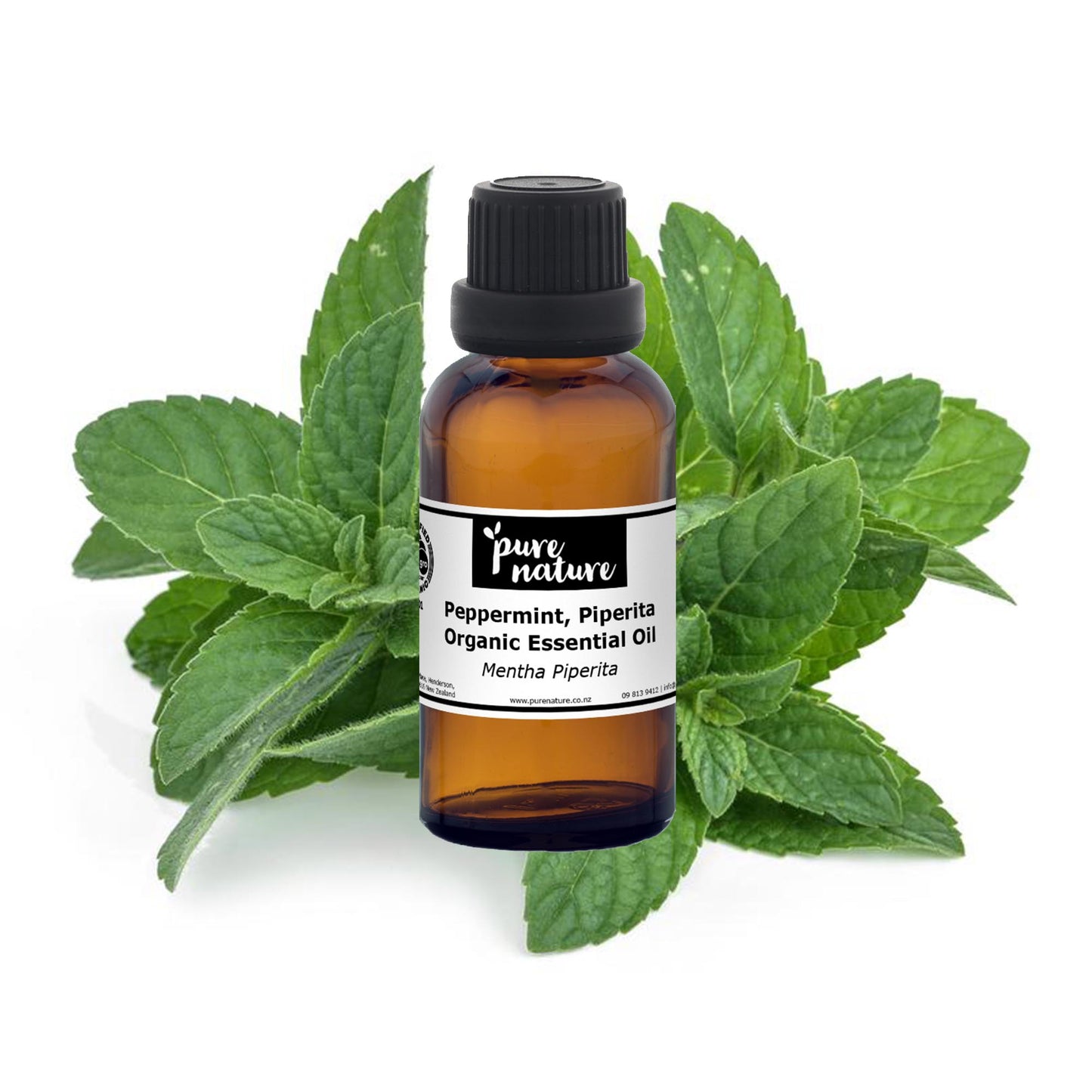 Organic peppermint (Piperita) essential oil bottle from purenaturenz, with fresh peppermint leaves in the background.