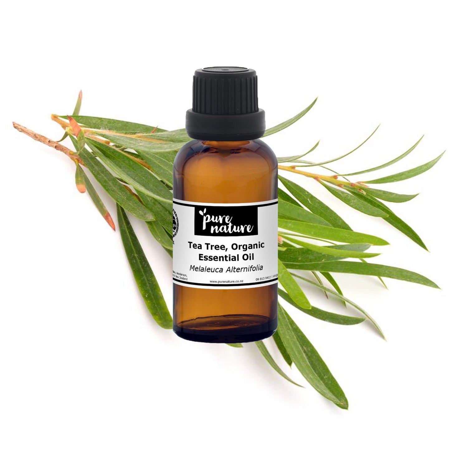 Organic tea tree essential oil from purenaturenz, highlighting a clear glass bottle with a white cap and tea tree leaves nearby.