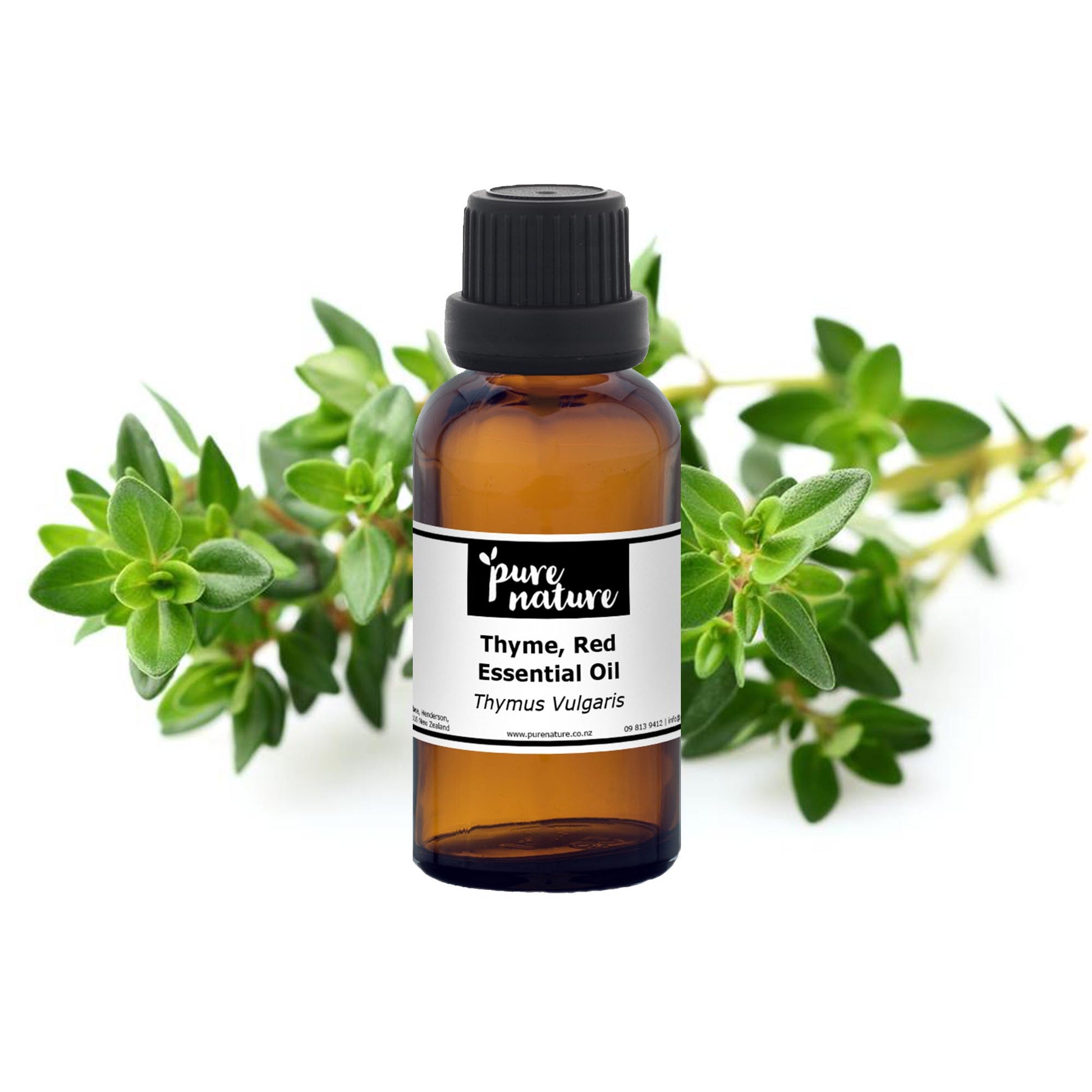 Purenaturenz red thyme essential oil bottle with dropper cap and fresh thyme sprigs on a neutral background.