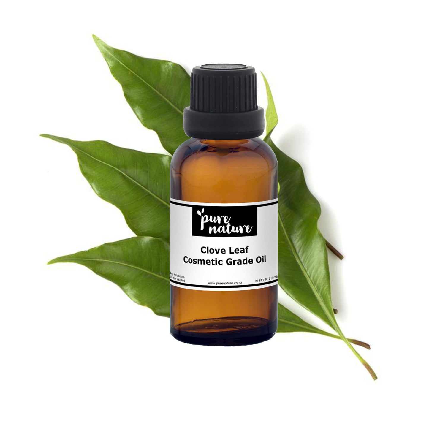 Cosmetic grade clove leaf essential oil bottle from purenaturenz, showcasing rich, amber-colored liquid in a clear glass bottle.