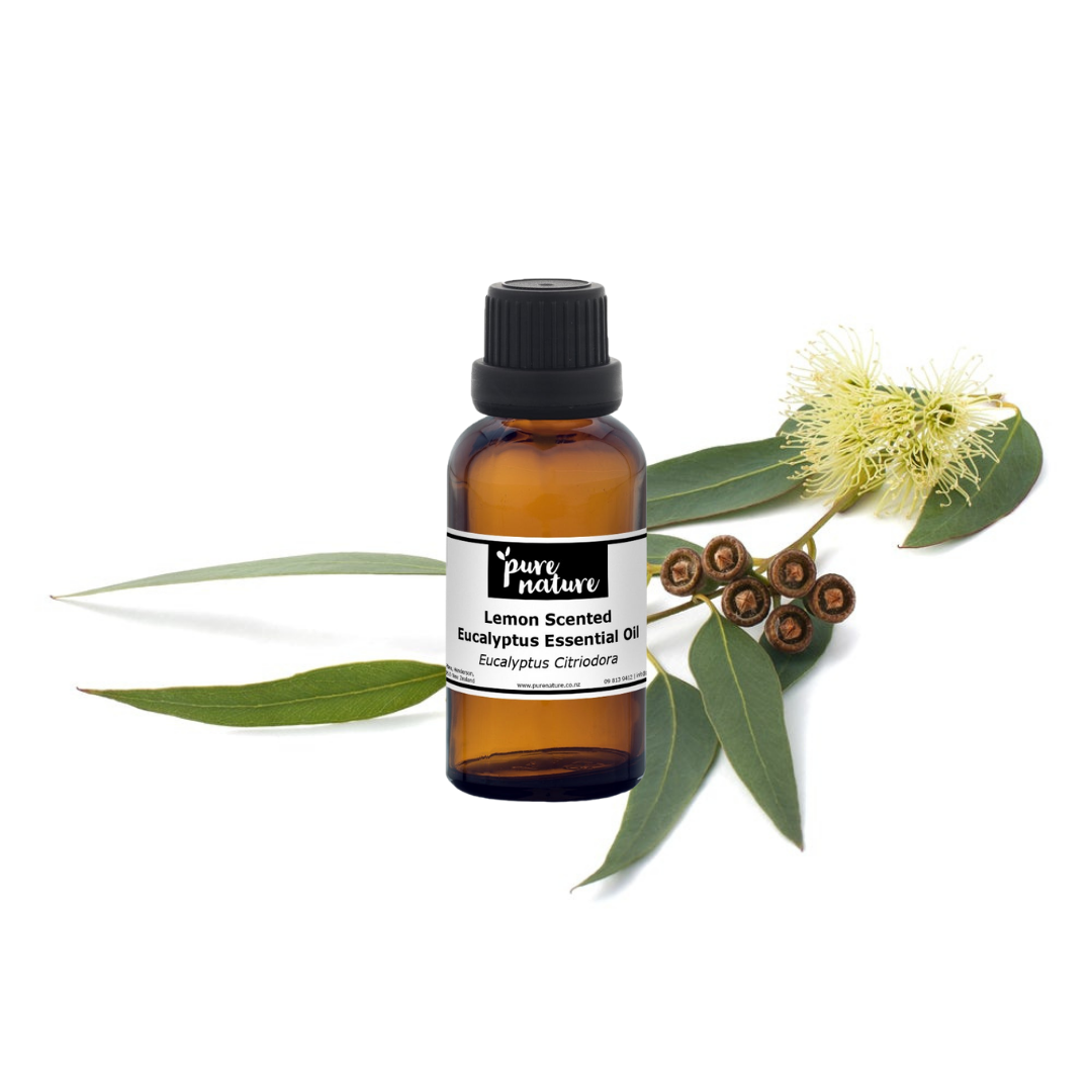 Lemon scented eucalyptus essential oil bottle from purenaturenz, showcasing clear glass bottle with yellow-tinted oil and dropper cap.