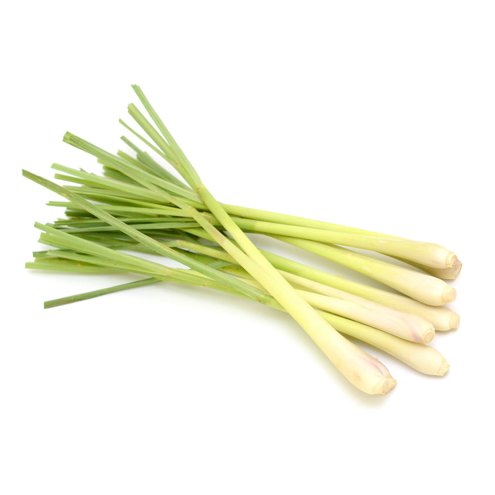Organic lemongrass essential oil from purenaturenz, clear bottle with fresh lemongrass leaves and natural oil inside.