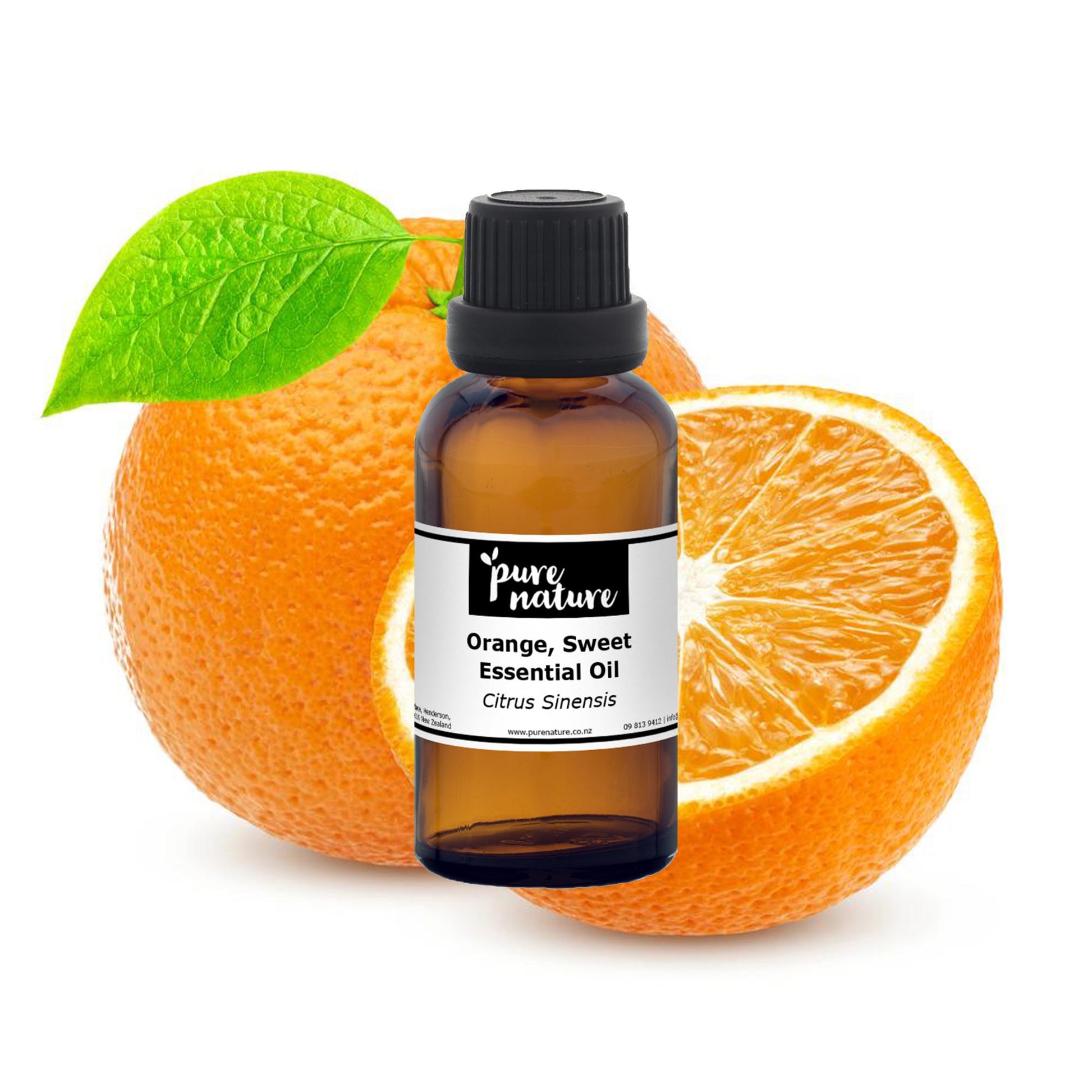 Bright image of a bottle of purenaturenz orange sweet essential oil with fresh oranges in the background.
