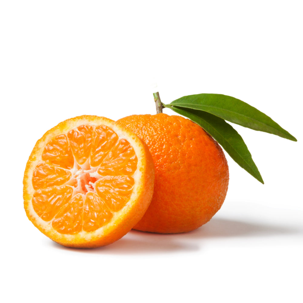 Purenaturenz Tangerine Essential Oil bottle with fresh tangerine slices and leaves on a white background.
