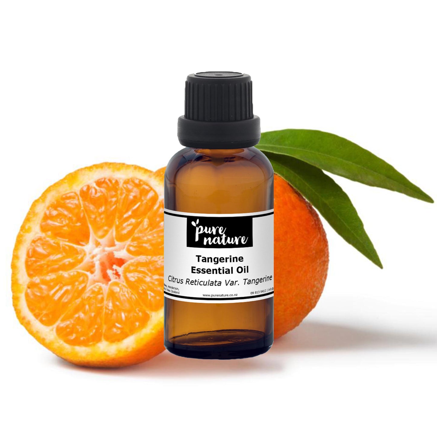 Purenaturenz Tangerine Essential Oil bottle with fresh tangerine slices on a wooden surface.