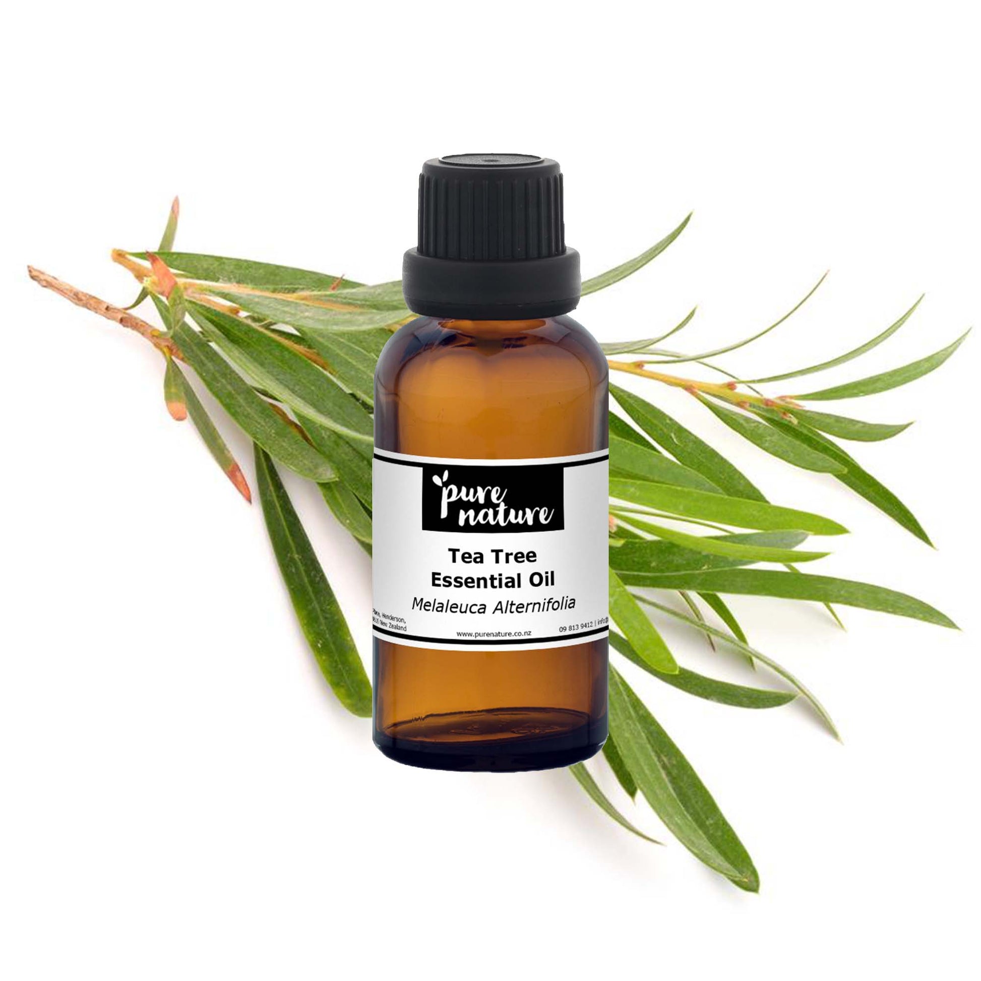 Purenaturenz Tea Tree Essential Oil bottle and dropper, showing clear glass bottle with label, on a neutral background.