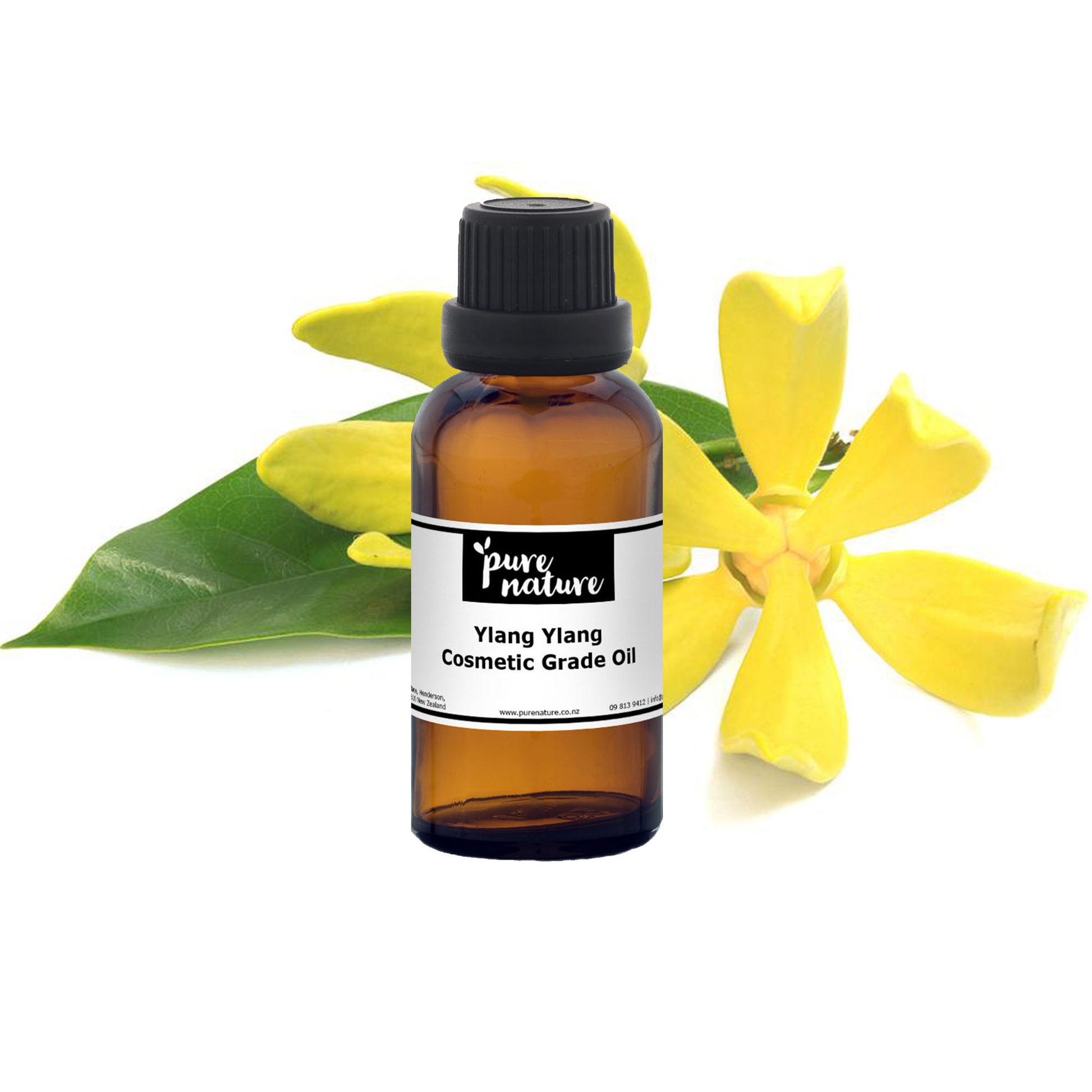 Bottle of purenaturenz Ylang Ylang cosmetic grade essential oil, with a dropper cap and botanical labels visible.
