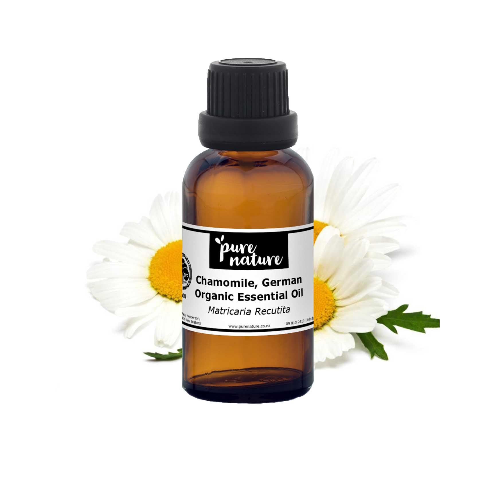 German organic chamomile essential oil from purenaturenz, showing a dark amber glass bottle with a white label.