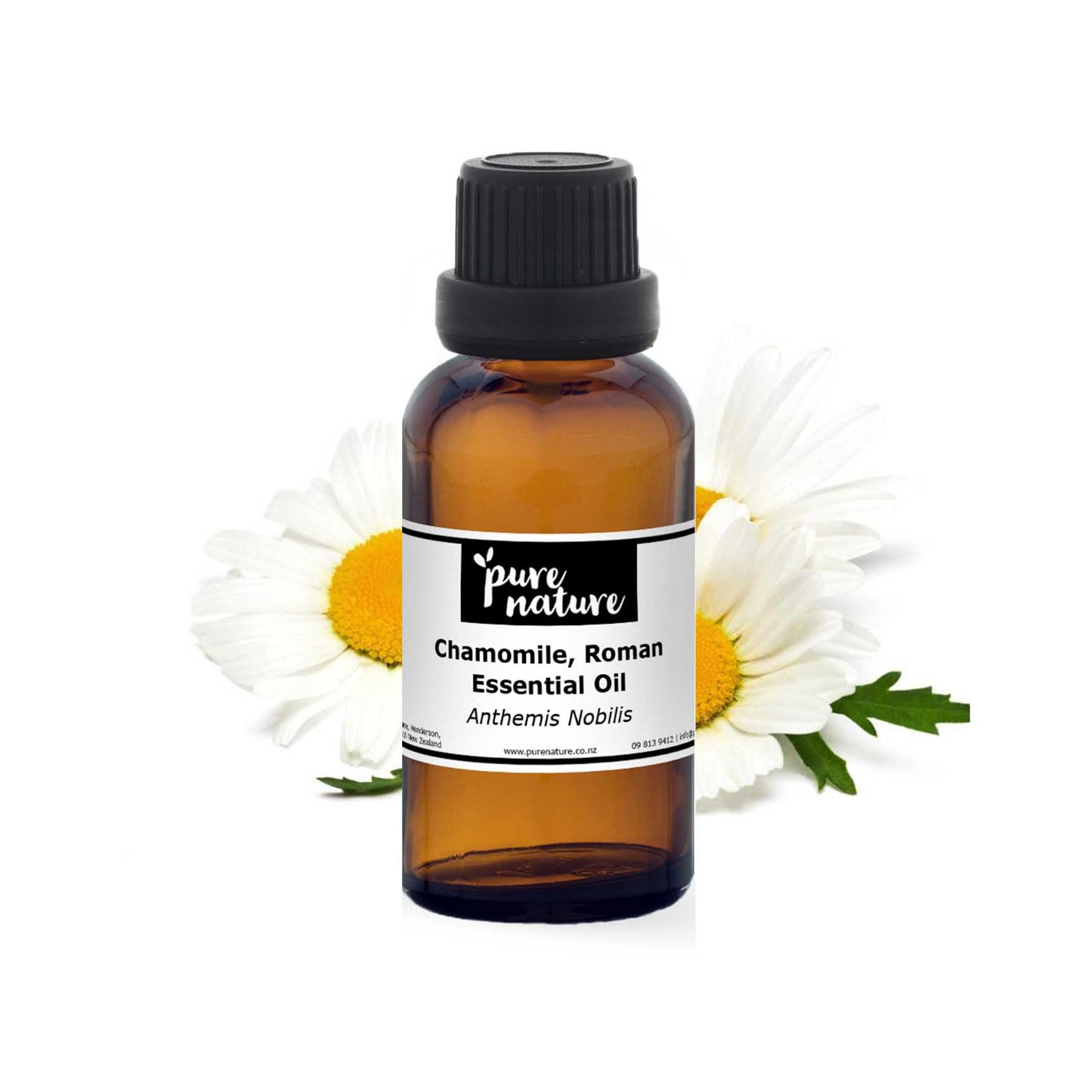 Roman chamomile essential oil by purenaturenz in a glass bottle, showcasing fresh, yellow chamomile flowers and green leaves.