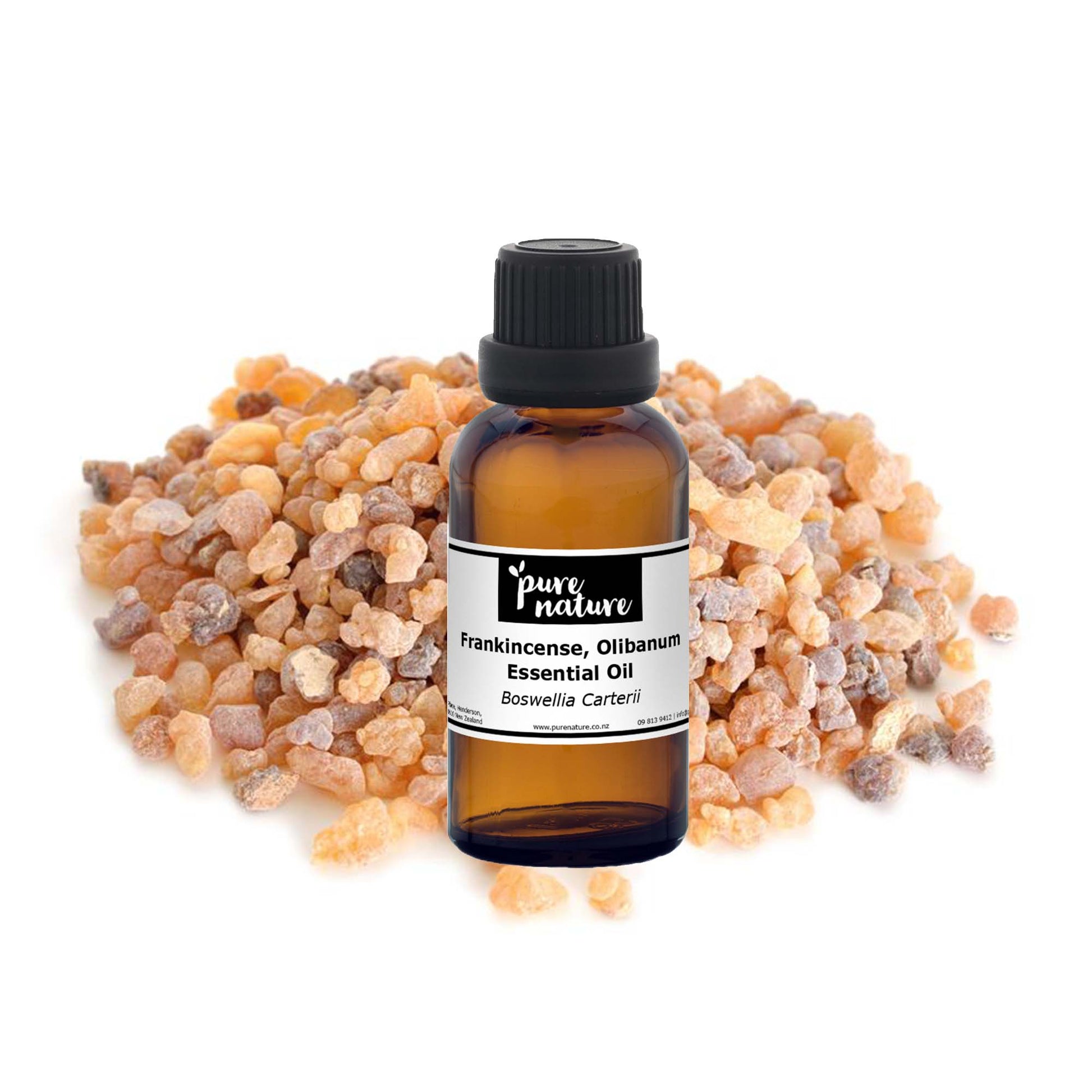 Bottle of purenaturenz frankincense olibanum essential oil with a white label and dropper cap, displayed on a neutral background.
