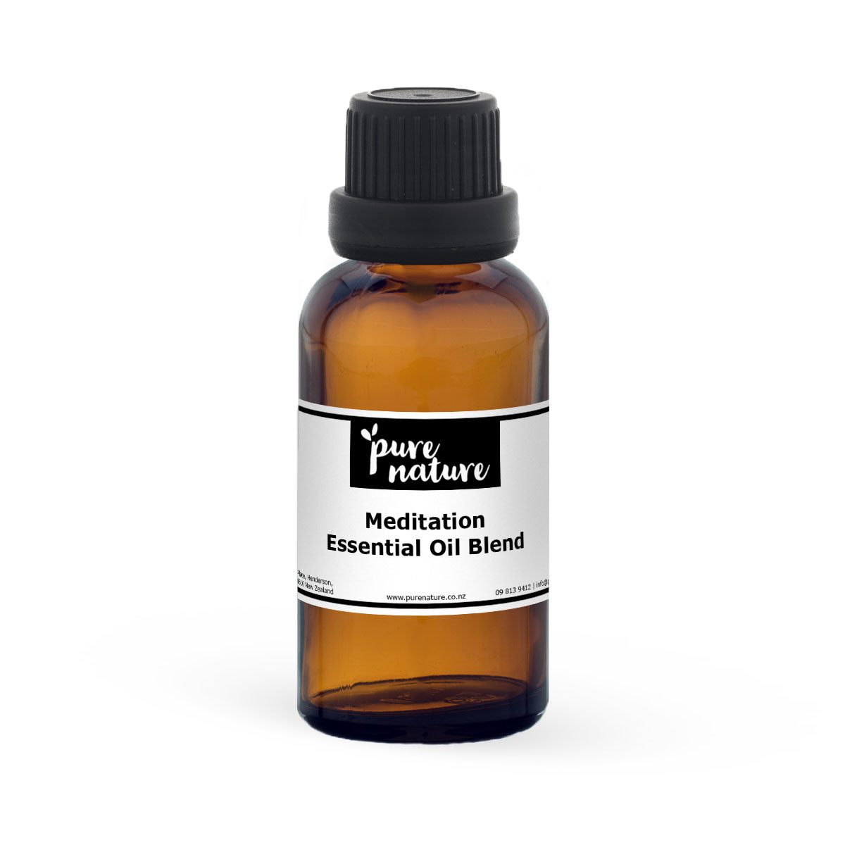 Purenaturenz Meditation Blend essential oils bottle with label, surrounded by calming herbs and aromatherapy elements on a neutral background.