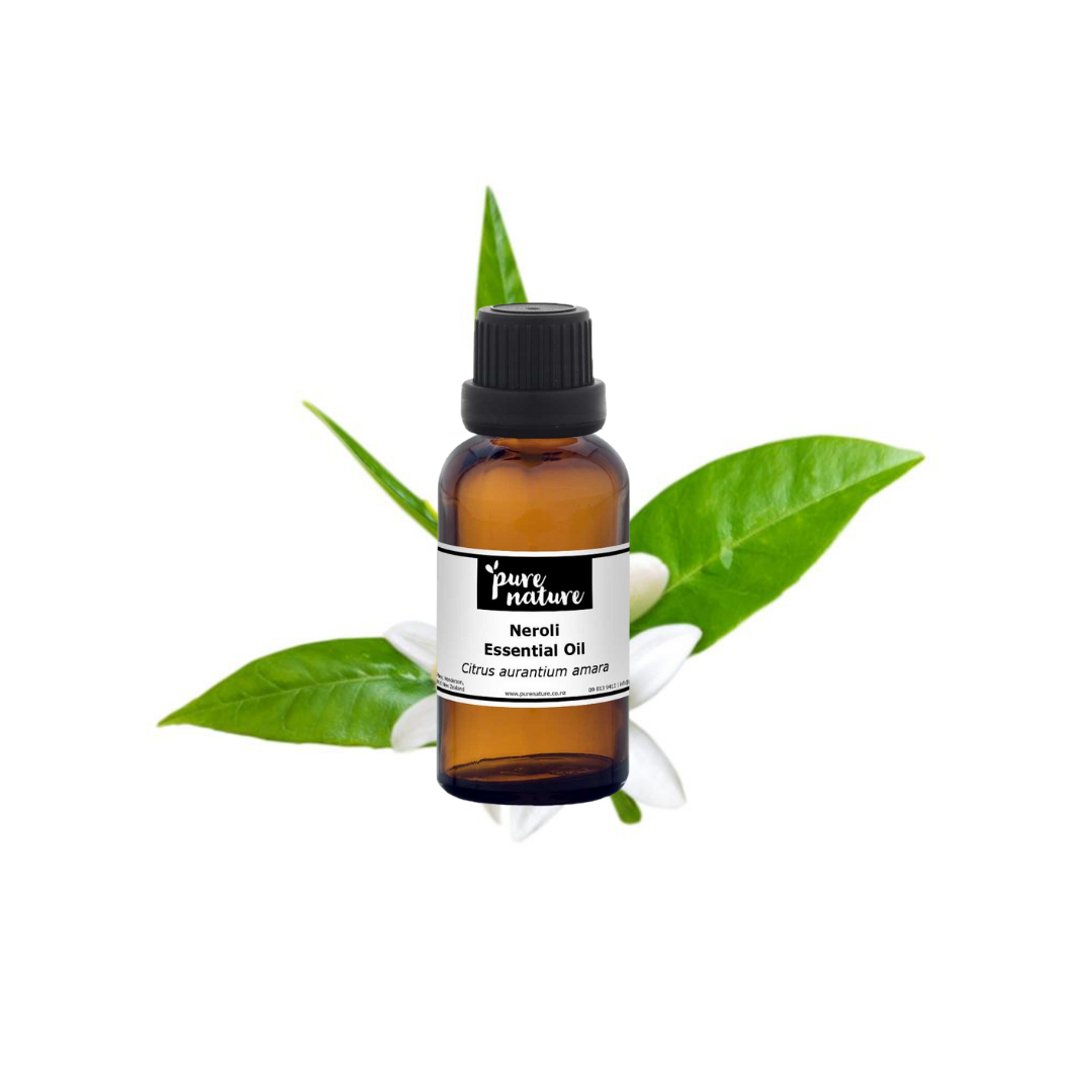 Purenaturenz Neroli Essential Oil bottle with amber glass and white label, showcasing a natural, aromatic essential oil product.