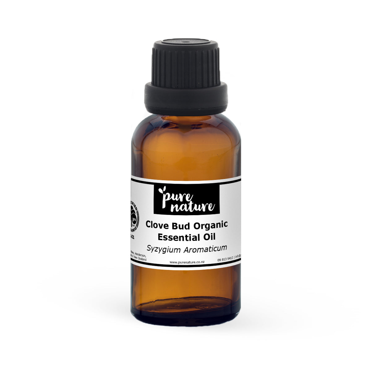 Organic clove bud essential oil bottle from purenaturenz, showing a dark glass bottle with a label and clove buds around it.