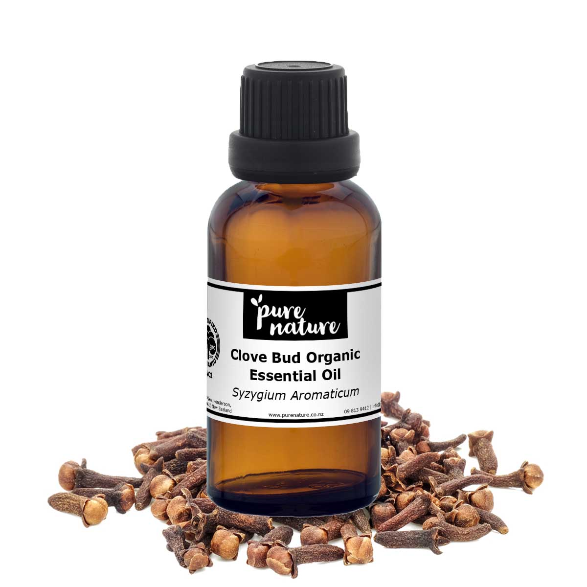 Organic clove bud essential oil from purenaturenz, showing a dark amber glass bottle with a dropper cap and fresh cloves nearby.