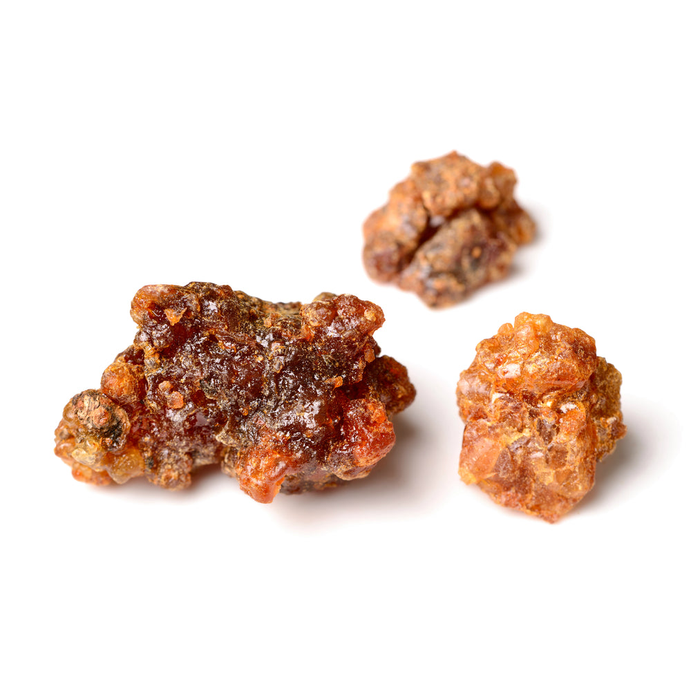 Barrels of natural myrrh gum resin from purenaturenz, showcasing the amber-colored resin used in traditional herbal remedies.