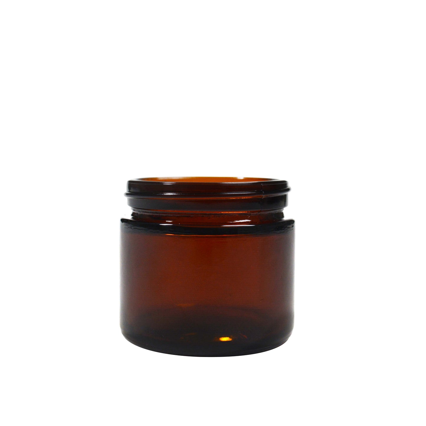 Amber 60ml glass pot for packaging by purenaturenz, showcasing a clear, rounded glass container with a smooth lid.